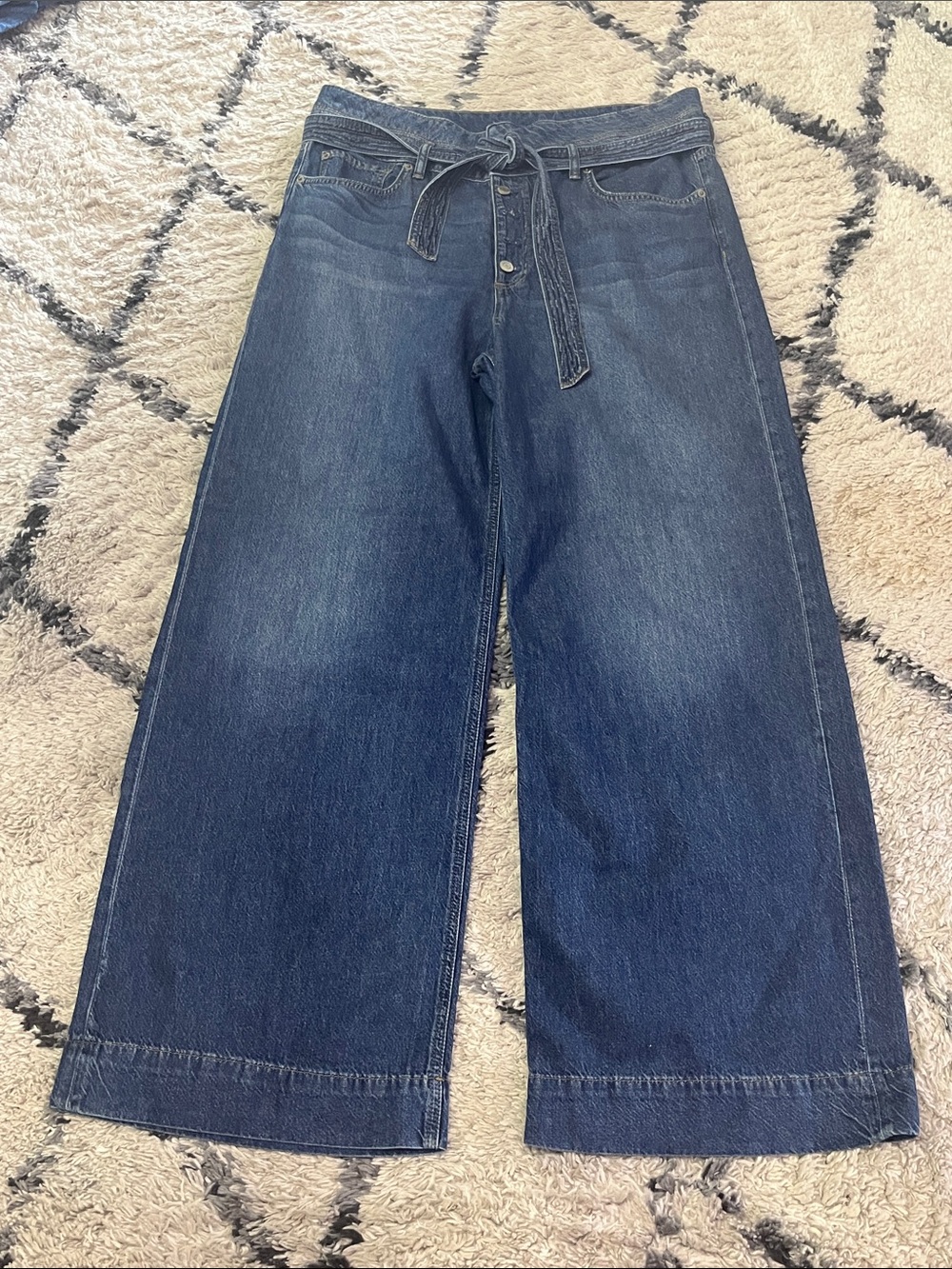 Lauren Ralph Lauren Belted Wide Leg Crop Jeans Button Fly Dark Wash Size 16 - Picture 2 of 11
